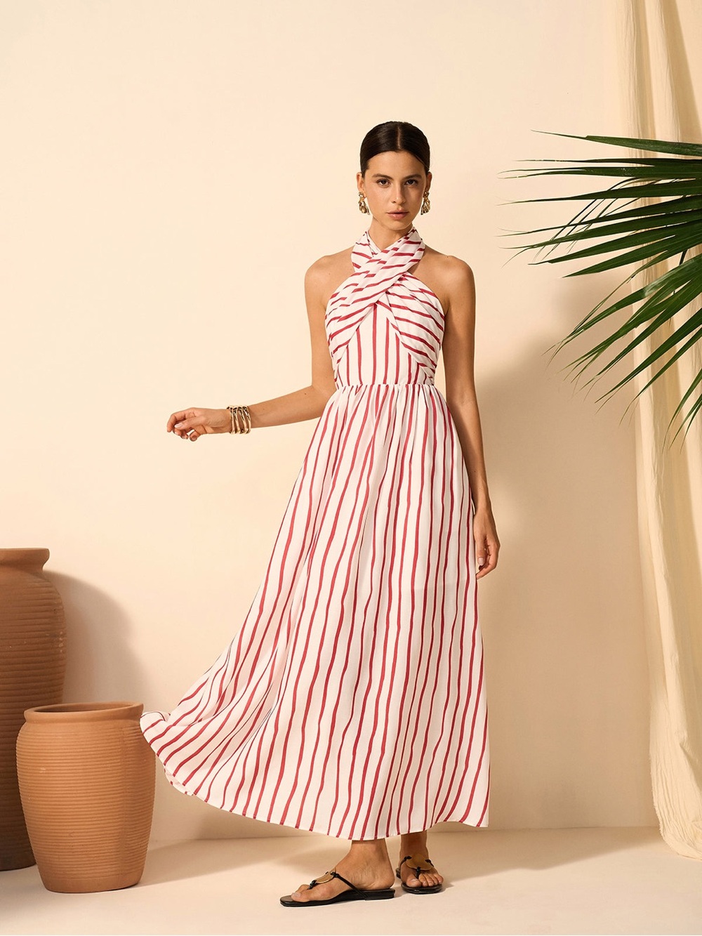 Striped Twist Halter Red and White Dress